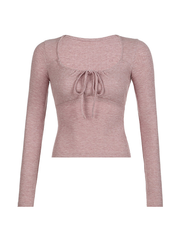 Square Neck Tie Front Long Sleeve Knit